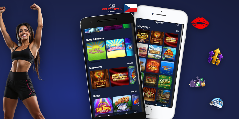 Domovská obrazovka GB Casino app na smartphonu s hrami a přihlášením