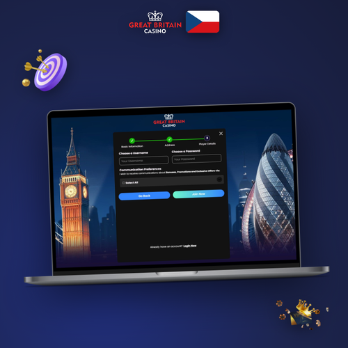 GB Casino registrace – otevřený formulář na notebooku s herními prvky v pozadí